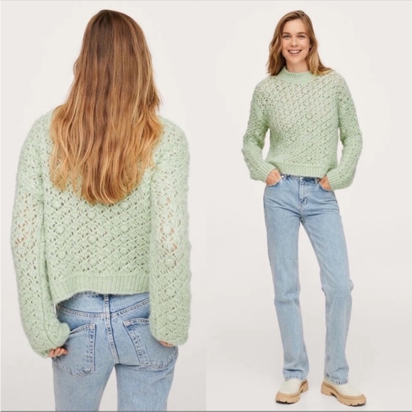 Mango Openwork Knit Sweater Chunky Pom Rounded Neckline Ribbed Trim Pastel Sz XL - Picture 5 of 8